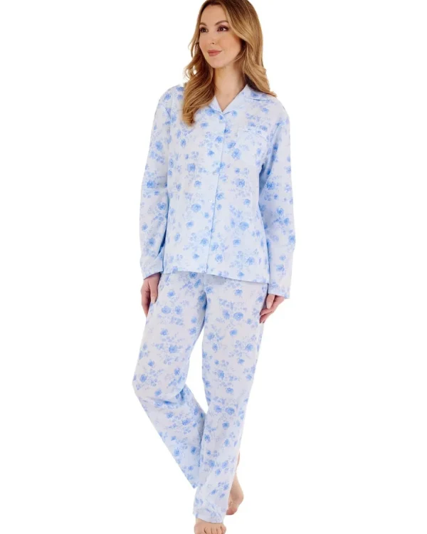Slenderella Pyjamas | Brushed Tailored Button Pyjamas - Blue