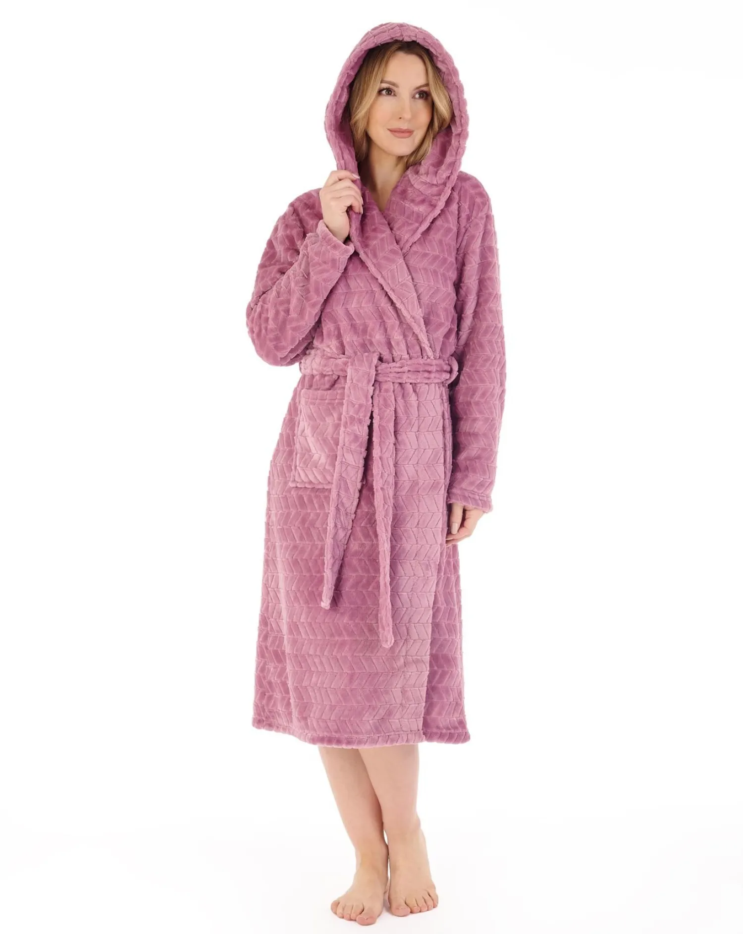 slenderella_chevron_fleec_0-5.webp Slenderella Dressing Gowns | Chevron Fleece Hooded Dressing Gown - Mauve