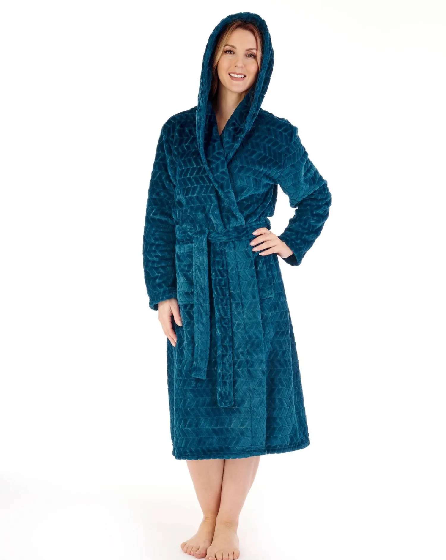 slenderella_chevron_fleec_0-6.webp Slenderella Dressing Gowns | Chevron Fleece Hooded Dressing Gown - Teal