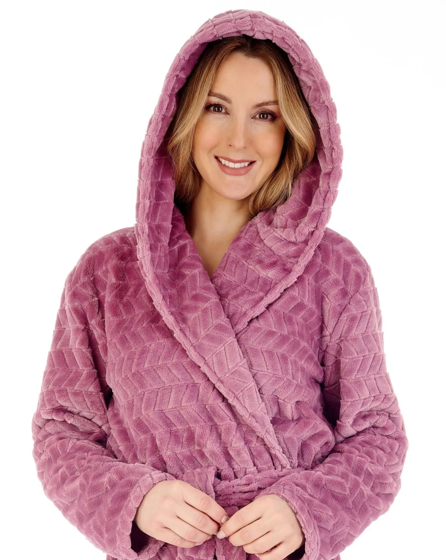 slenderella_chevron_fleec_1-5.webp Slenderella Dressing Gowns | Chevron Fleece Hooded Dressing Gown - Mauve
