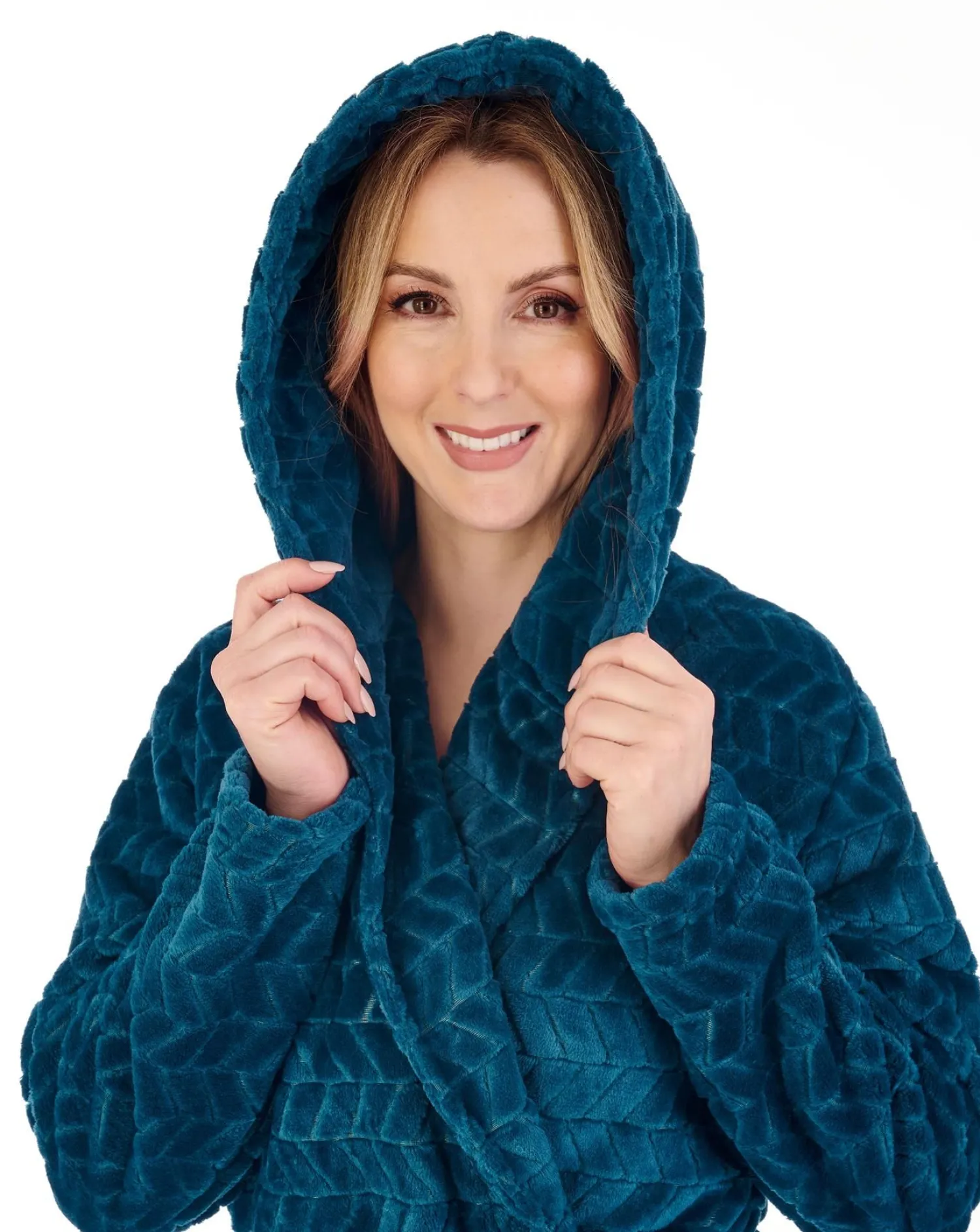 slenderella_chevron_fleec_1-6.webp Slenderella Dressing Gowns | Chevron Fleece Hooded Dressing Gown - Teal