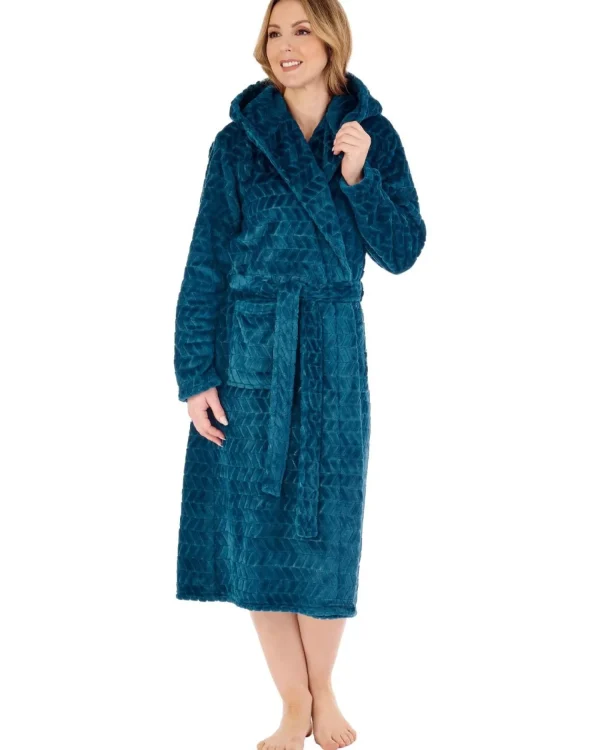 Slenderella Dressing Gowns | Chevron Fleece Hooded Dressing Gown - Teal