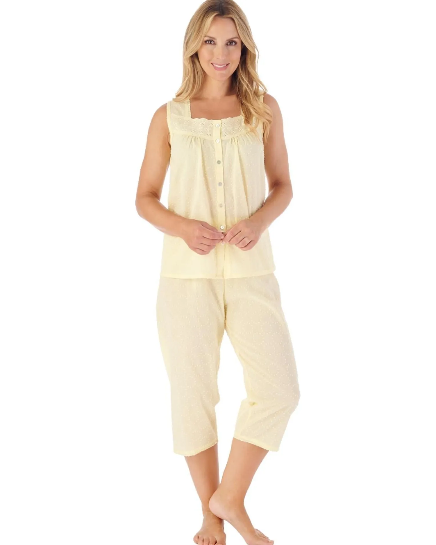 slenderella_dobby_dot_cro_1-4.webp Slenderella Pyjamas | Dobby Dot Cropped 100% Cotton Pyjamas - Lemon