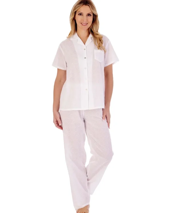 Slenderella Pyjamas | Dobby Dot Tailored 100% Cotton Pyjamas - White