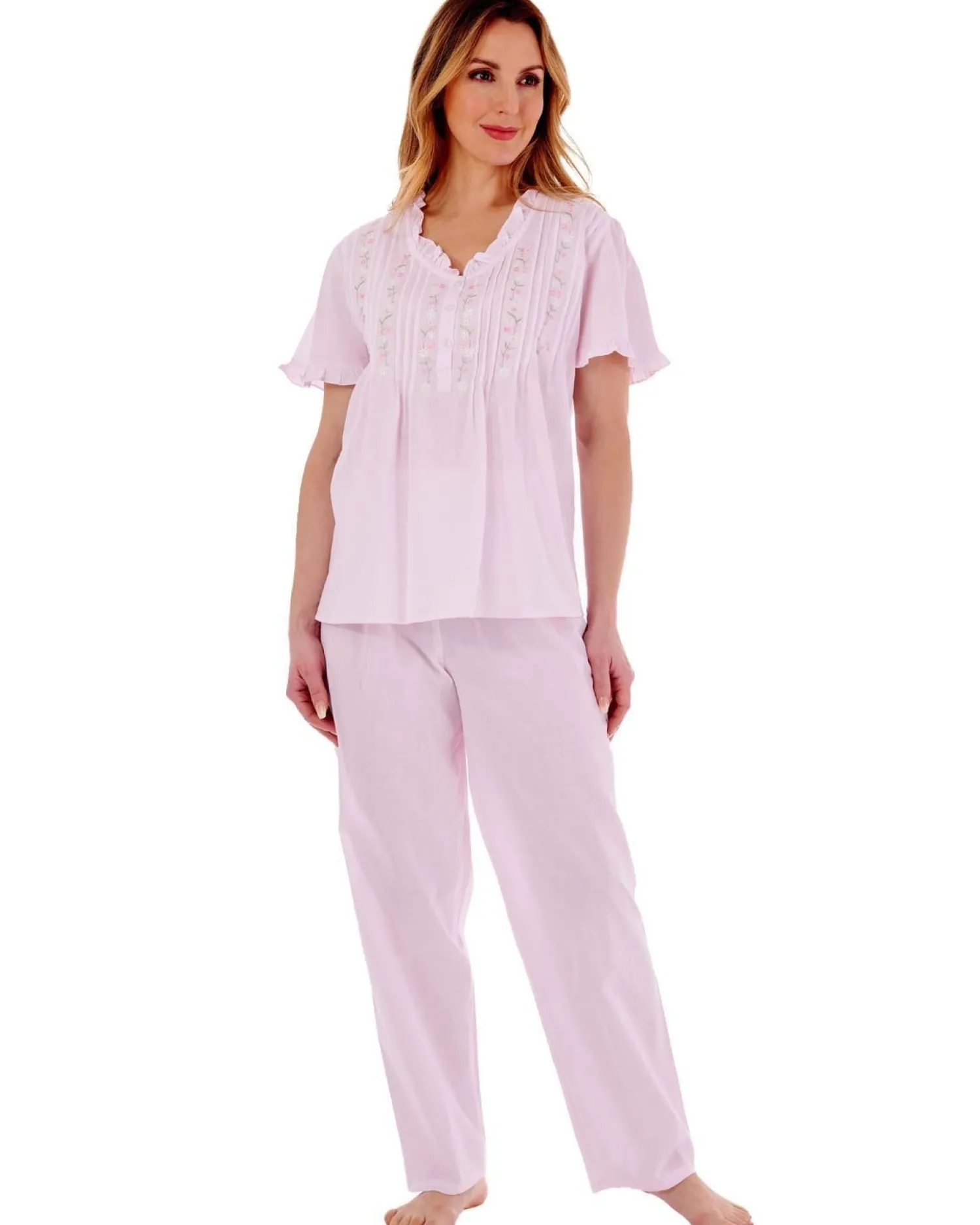 slenderella_embroidered_p_0-1.webp Slenderella Pyjamas | Embroidered Pintuck & Ruffle Woven Pyjamas - Pink
