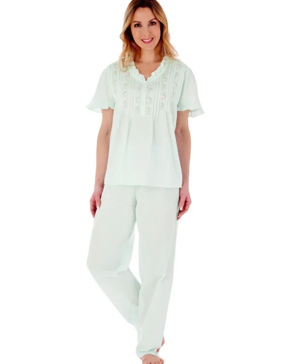 Slenderella Pyjamas | Embroidered Pintuck & Ruffle Woven Pyjamas - Mint