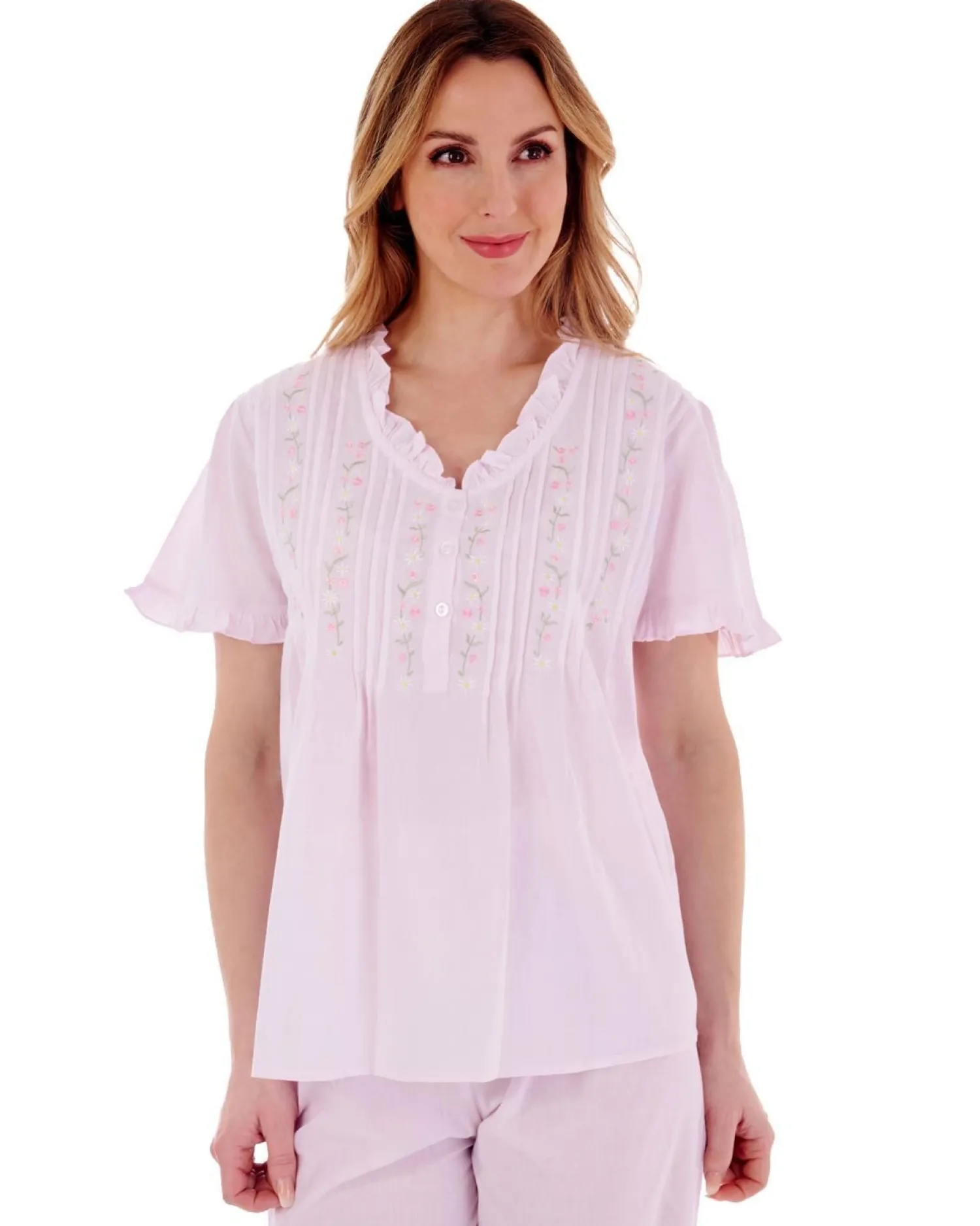 slenderella_embroidered_p_1-1.webp Slenderella Pyjamas | Embroidered Pintuck & Ruffle Woven Pyjamas - Pink