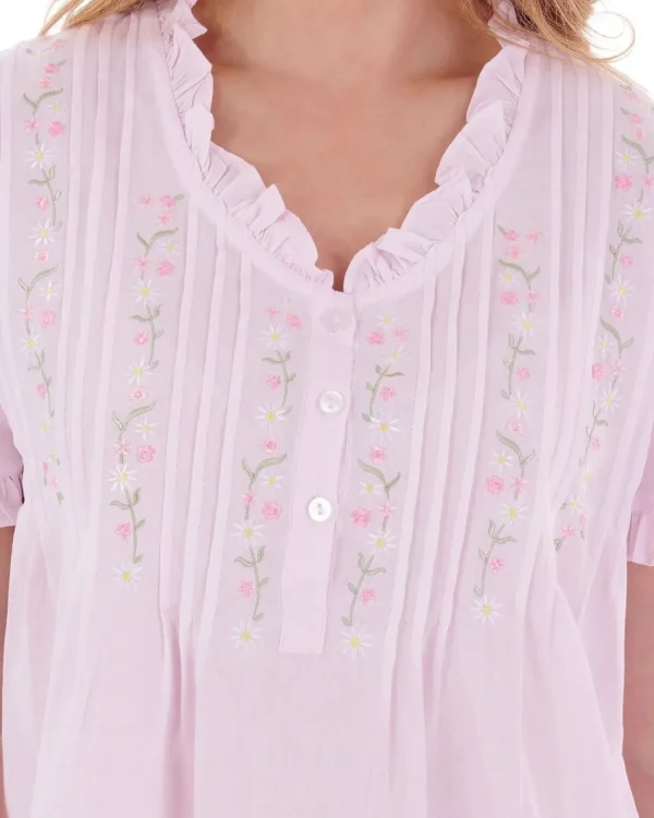 Slenderella Pyjamas | Embroidered Pintuck & Ruffle Woven Pyjamas - Pink