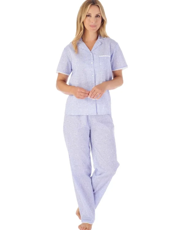Slenderella Pyjamas | Floral Gingham Button Pyjamas - Blue