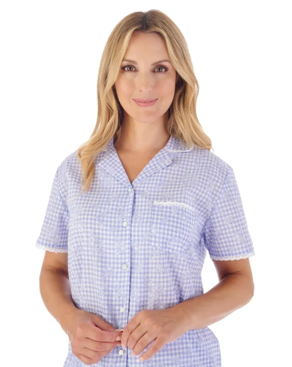 Slenderella Pyjamas | Floral Gingham Button Pyjamas - Blue