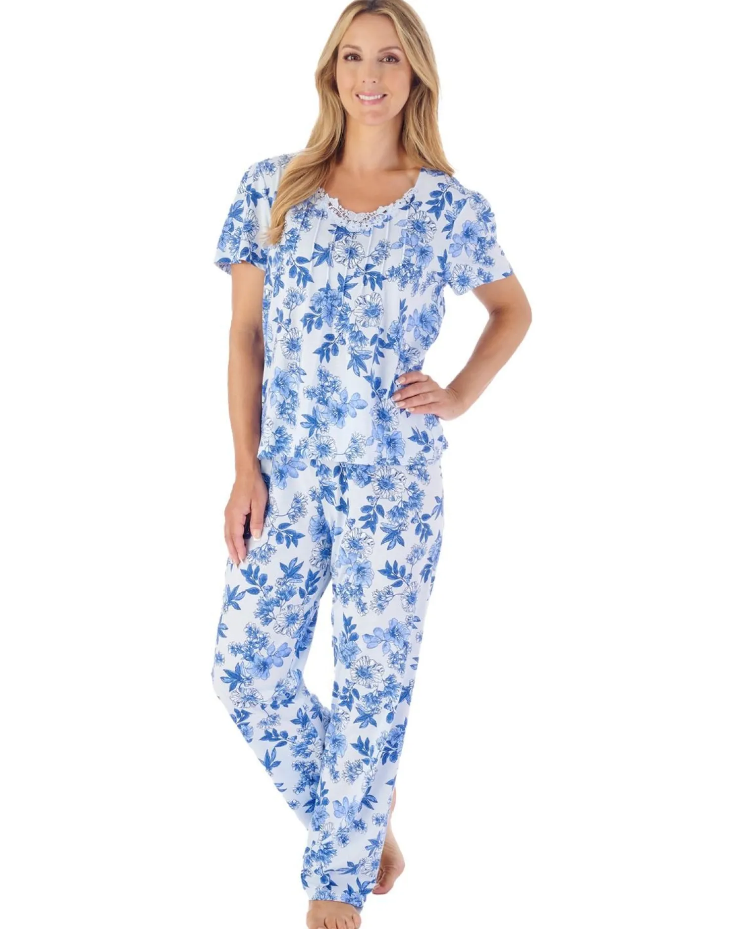 slenderella_floral_jersey_1-3.webp Slenderella Pyjamas | Floral Jersey Pyjamas - Blue