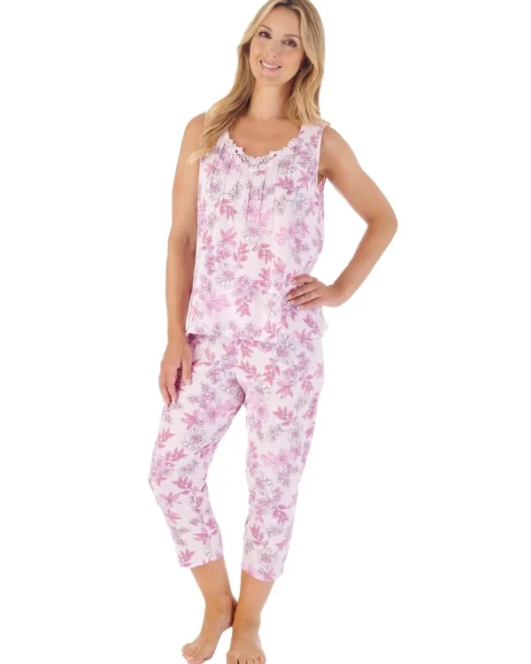 Slenderella Pyjamas | Floral Jersey Cropped Pyjamas - Pink