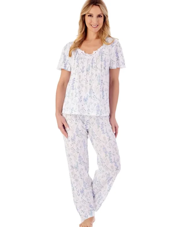 Slenderella Pyjamas | Floral Meadow V-Neck Short Sleeve Jersey Pyjamas - Blue