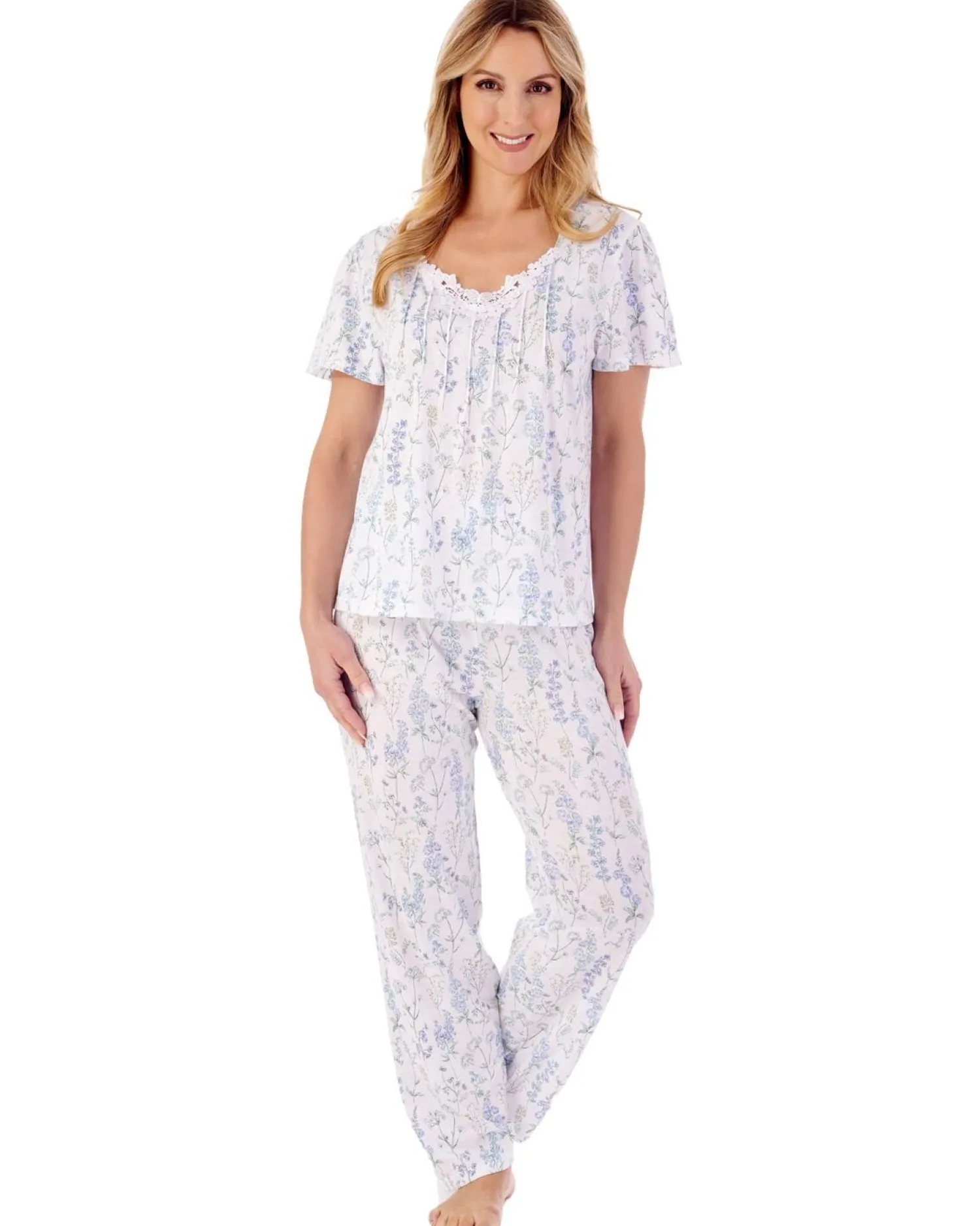 slenderella_floral_meadow_2.webp Slenderella Pyjamas | Floral Meadow V-Neck Short Sleeve Jersey Pyjamas - Blue