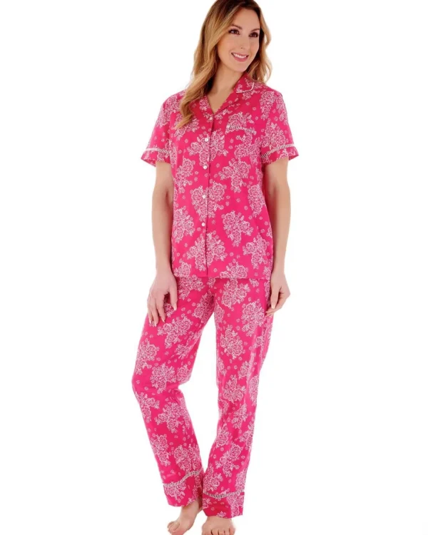 Slenderella Pyjamas | Floral Tailored Woven Pyjamas - Raspberry