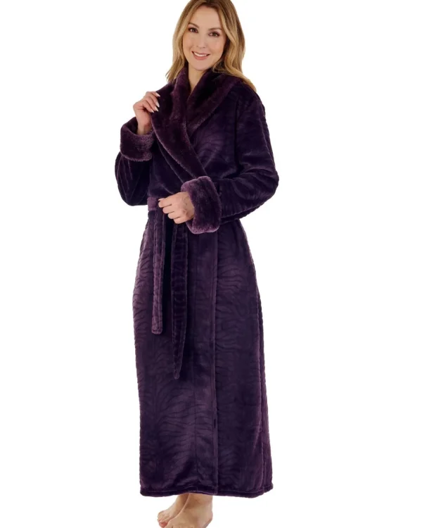 Slenderella Dressing Gowns | Fur Collar Embossed Wrap Dressing Gown - Purple