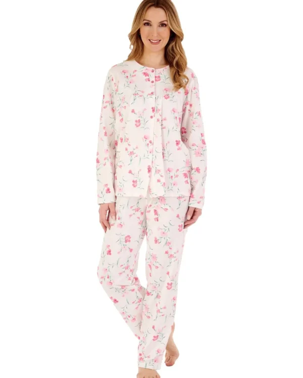 Slenderella Pyjamas | Long Sleeve Jersey Button Pyjamas - Ivory