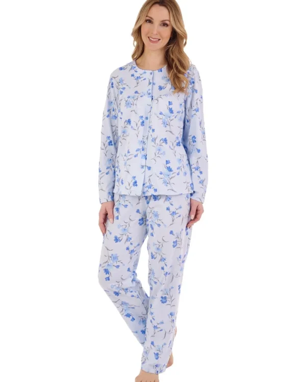Slenderella Pyjamas | Long Sleeve Jersey Button Pyjamas - Blue