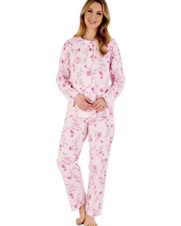 Slenderella Pyjamas | Long Sleeve Jersey Button Pyjamas - Pink