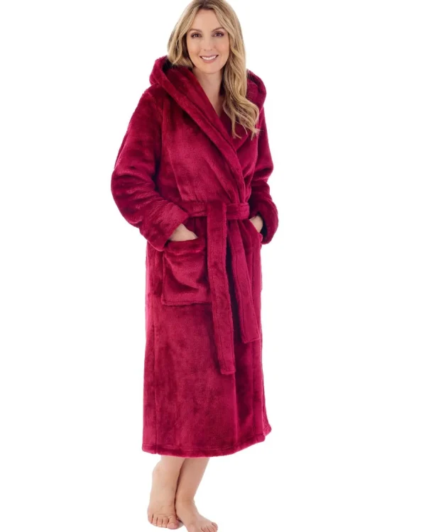 Slenderella Dressing Gowns | Luxury Flannel Fleece Hooded Robe - Raspberry
