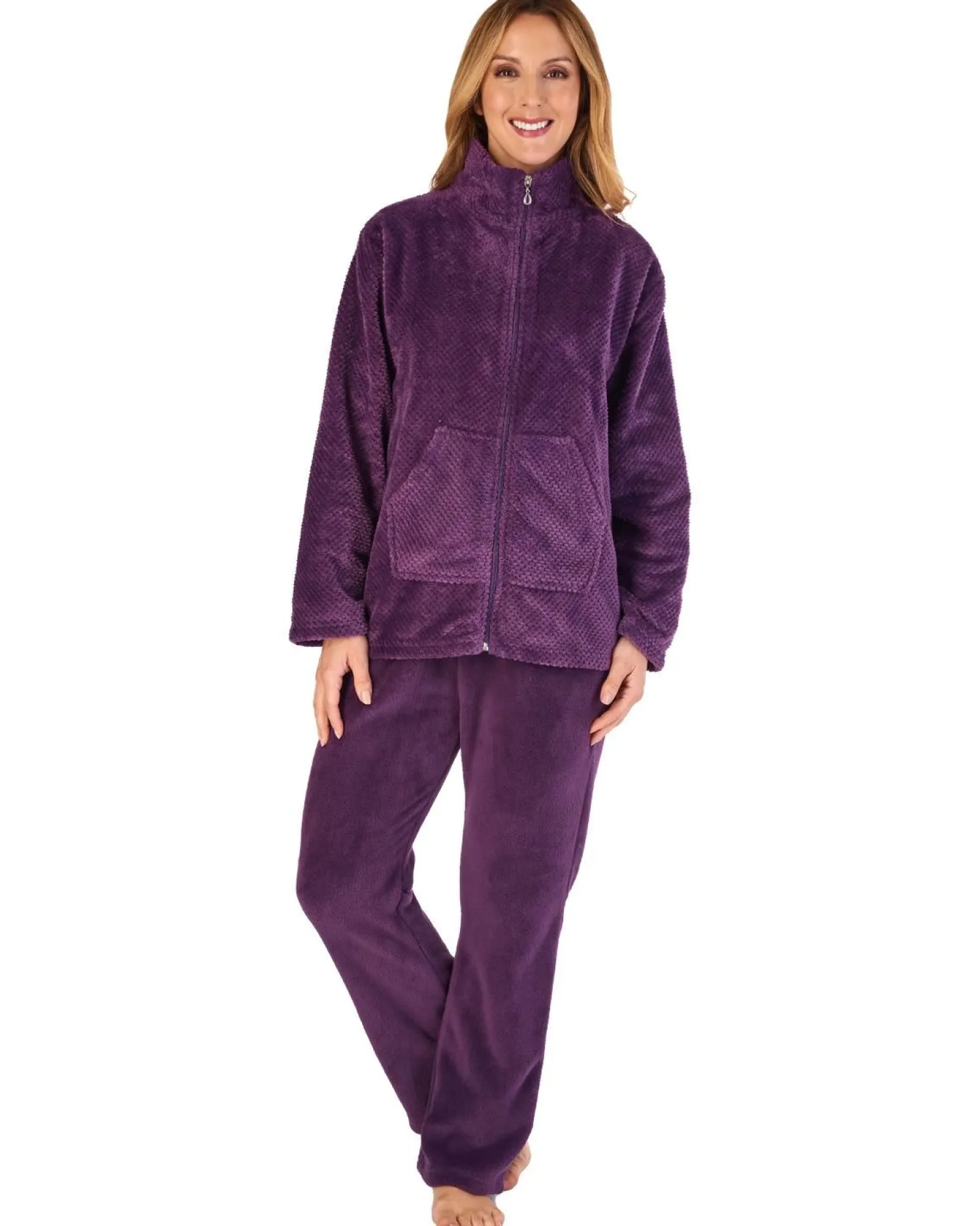 slenderella_mini_waffle_z_1-2.webp Slenderella Pyjamas | Mini Waffle Zip Up Fleece Pyjamas - Plum