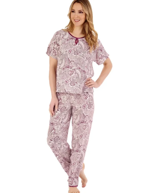 Slenderella Pyjamas | Paisley Print Cap Sleeve Pyjamas - Damson