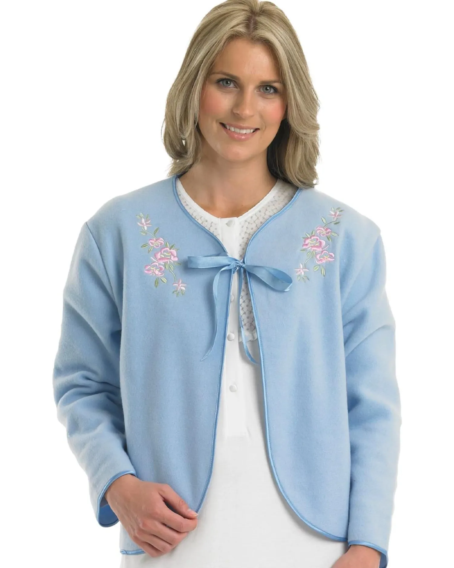 slenderella_polar_fleece__1-1.webp Slenderella Dressing Gowns | Polar Fleece Ribbon Tie Bed Jacket - Blue