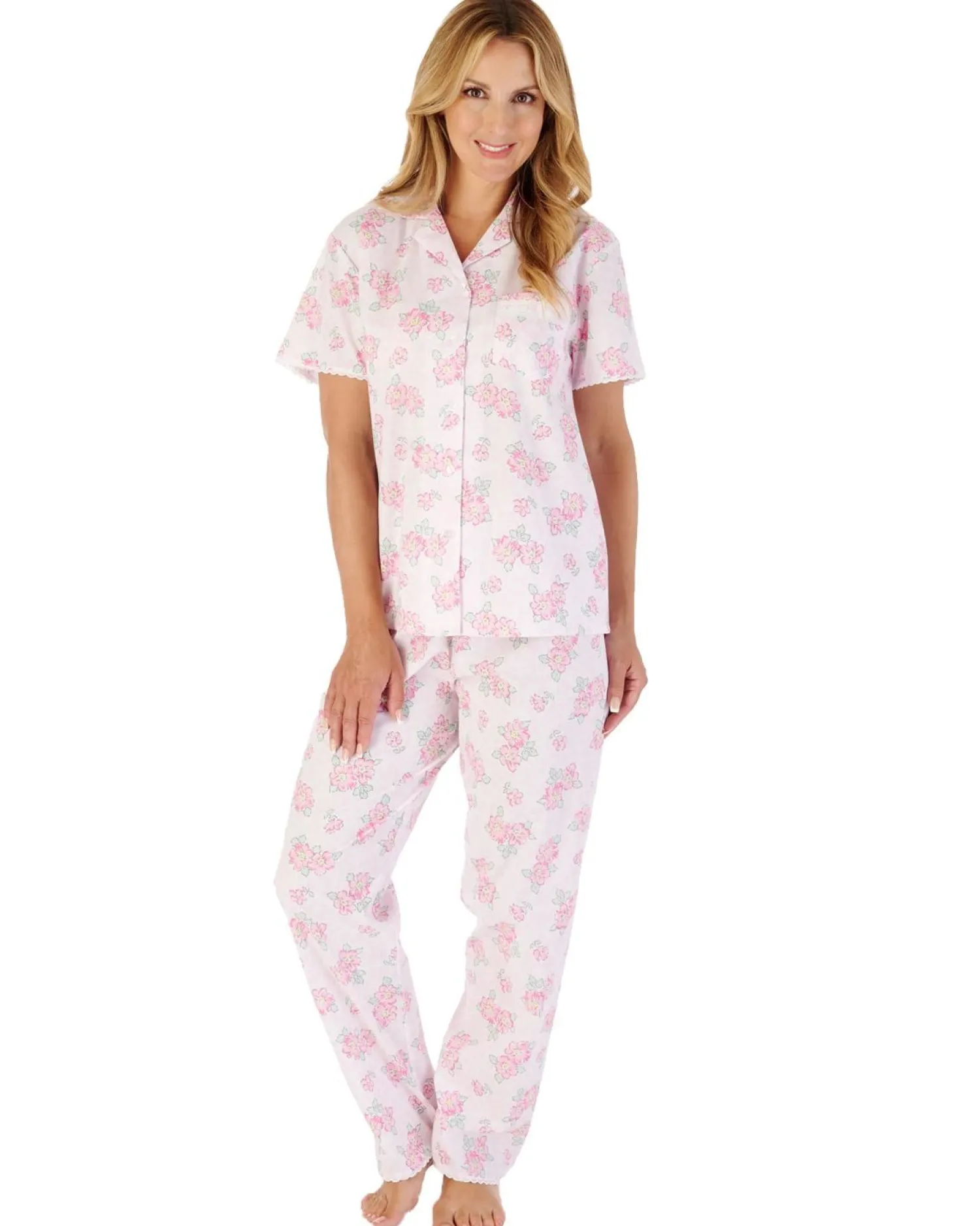 slenderella_shadow_leaf_f_1.webp Slenderella Pyjamas | Shadow Leaf Floral Button Cotton Pyjamas - Pink