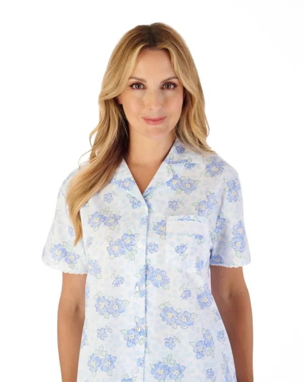 Slenderella Pyjamas | Shadow Leaf Floral Button Cotton Pyjamas - Blue