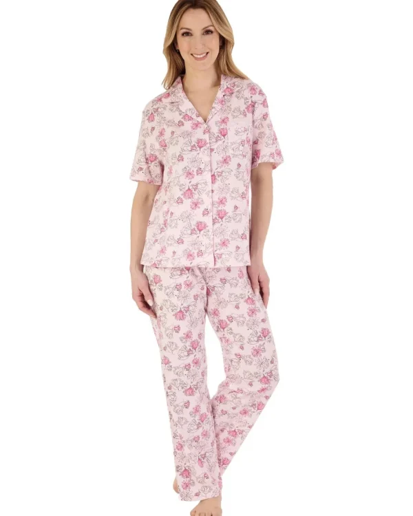 Slenderella Pyjamas | Short Sleeve Modern Floral Jersey Pyjamas - Pink