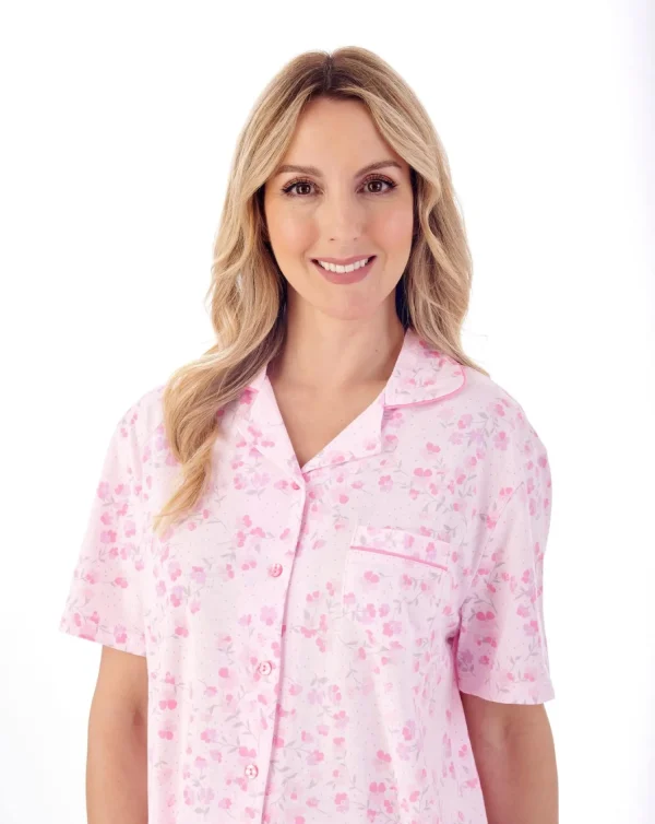 Slenderella Pyjamas | Trailing Floral Short Sleeve Jersey Pyjamas - Pink