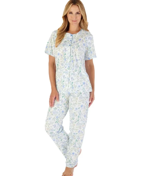 Slenderella Pyjamas | Trailing Floral Short Sleeve Button Pyjamas - Blue