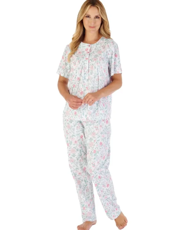 Slenderella Pyjamas | Trailing Floral Short Sleeve Button Pyjamas - Pink
