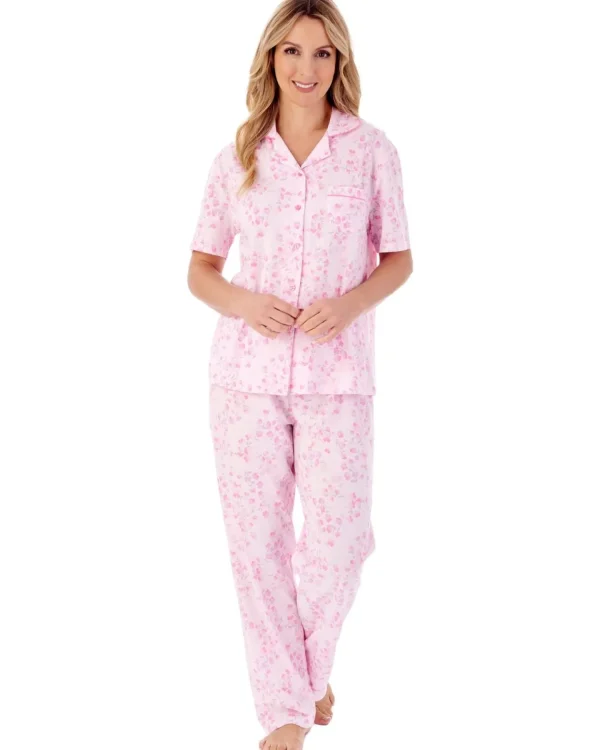 Slenderella Pyjamas | Trailing Floral Short Sleeve Jersey Pyjamas - Pink