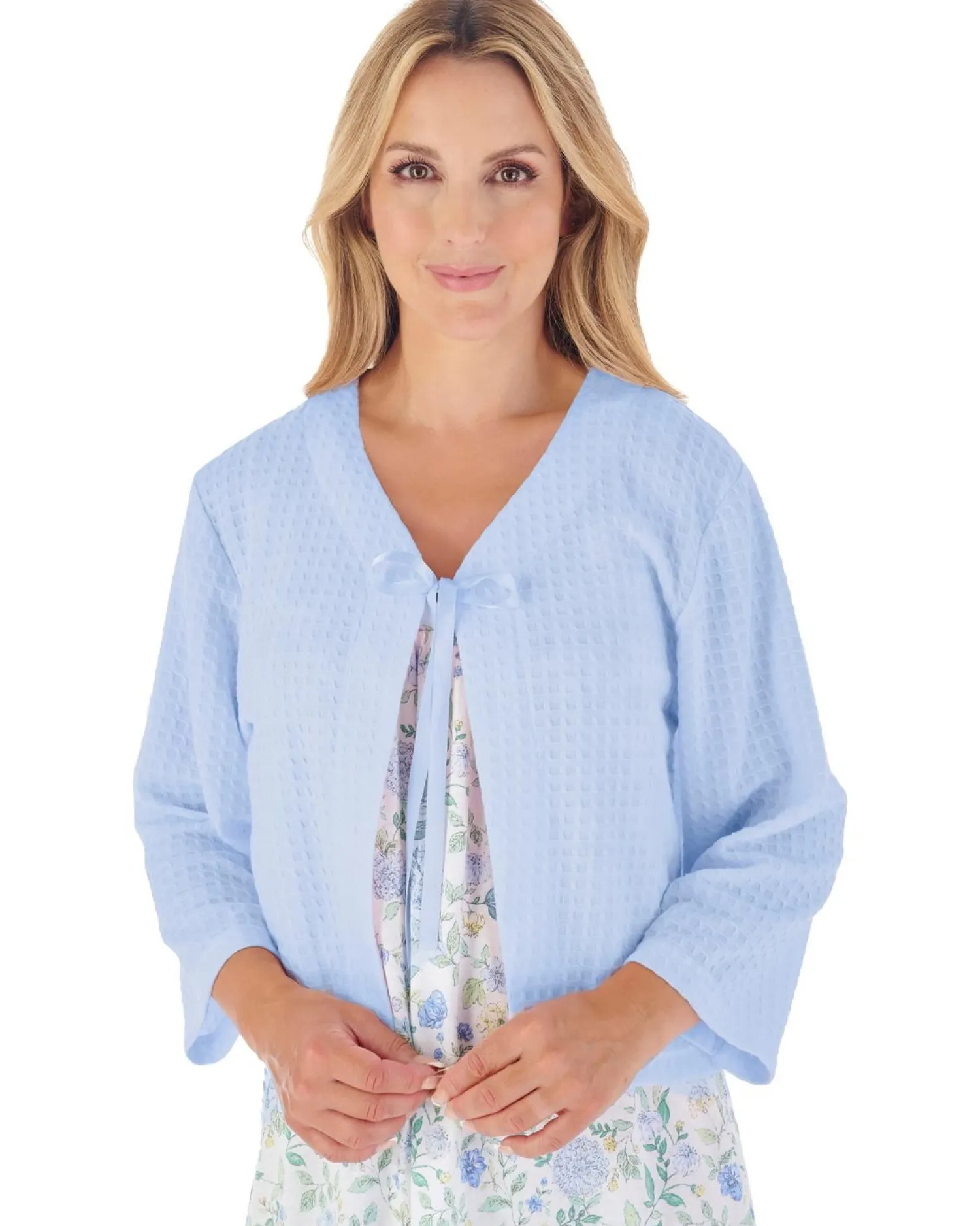 slenderella_waffle_ribbon_0-3.webp Slenderella Dressing Gowns | Waffle Ribbon Bed Jacket - Blue