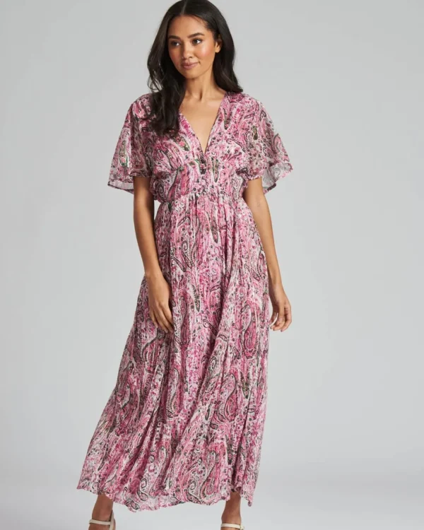 South Beach Dresses | Metallic Floral Midi Dress - Pink