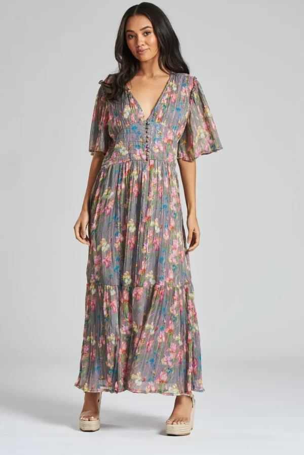 South Beach Dresses | Metallic Floral Midi Dress - Grey