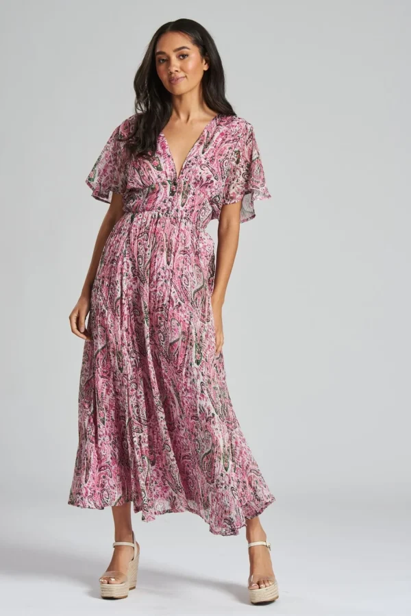 South Beach Dresses | Metallic Floral Midi Dress - Pink
