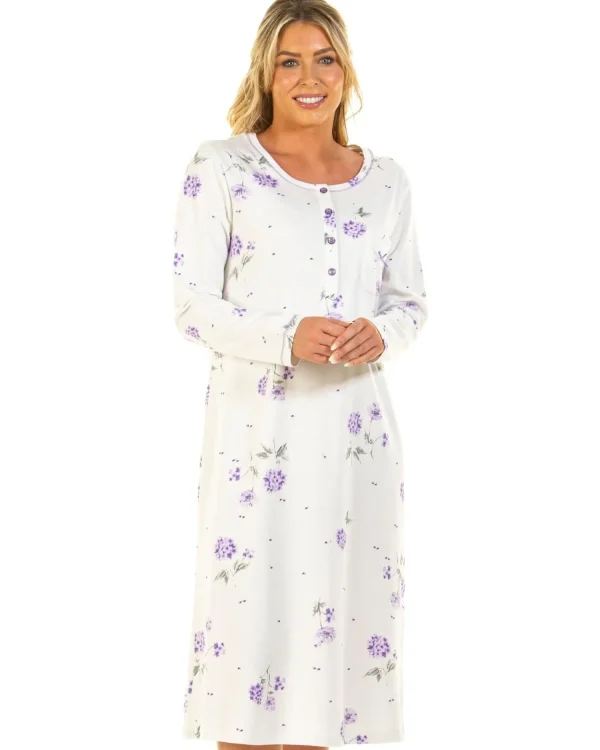 Sue Marks Nighties | Florence Long Sleeve Floral Nightie - Lilac