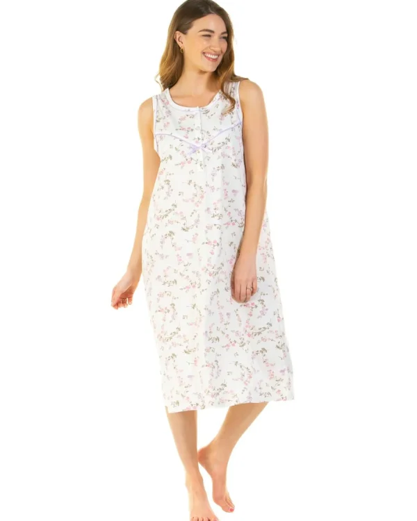 Sue Marks Nighties | Flower Spray Sleeveless Nightie - Ivory
