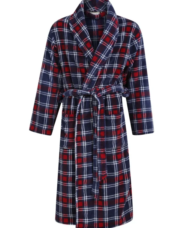 Men Walker Reid Check Coral Fleece Robe - Navy