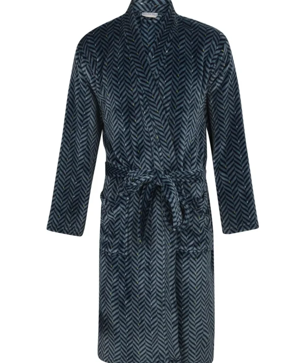 Men Walker Reid Herringbone Coral Fleece Robe - Navy