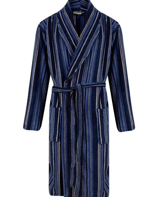 Men Walker Reid Stripe Coral Fleece Dressing Gown - Navy