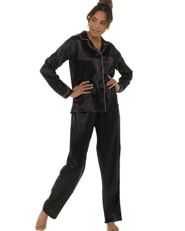 Wolf & Harte Pyjamas | Wolf & Harte Satin Button Pyjamas - Black