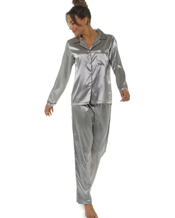 Wolf & Harte Pyjamas | Wolf & Harte Satin Button Pyjamas - Silver