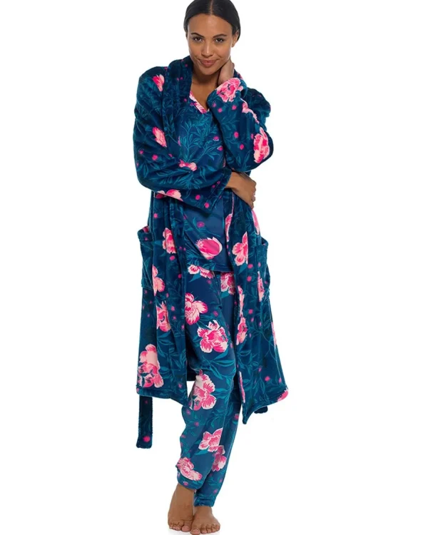 Wolf & Harte Dressing Gowns | Wolf & Harte Teal Floral Shimmer Fleece Dressing Gown
