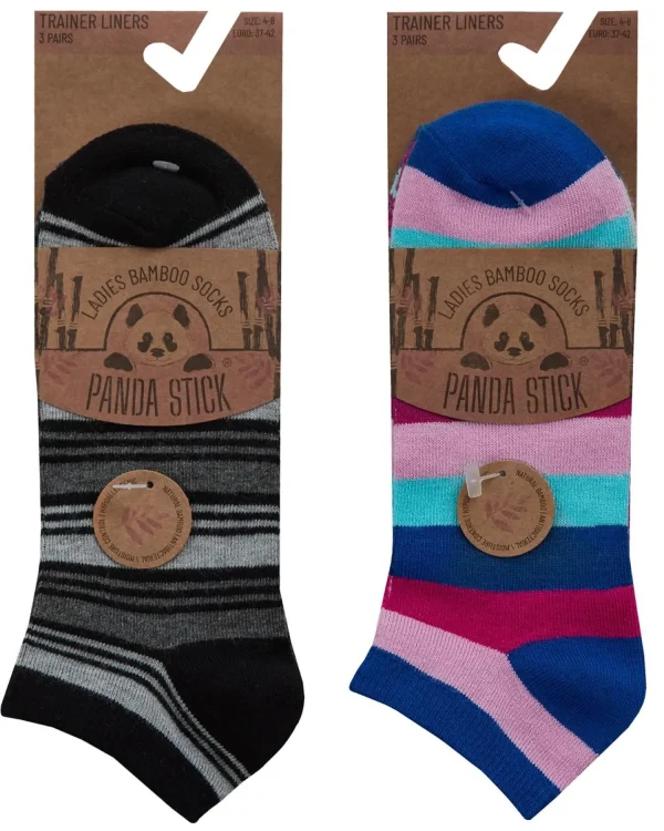 PandaStick Socks | Womens 6 Pack Bamboo Trainer Socks - Stripe Mix