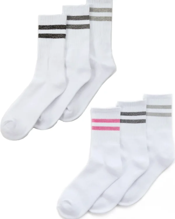 Street Essentials Socks | Womens 6 Pack White Ribbed Glitter Stripe Sport Socks