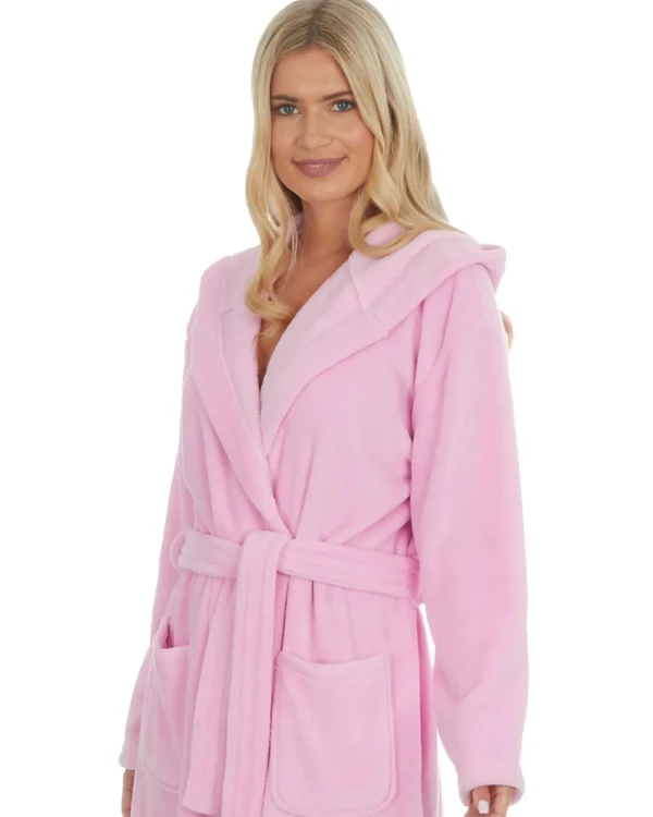 Embargo Dressing Gowns | Womens Fleece Hooded Dressing Gown - Baby Pink