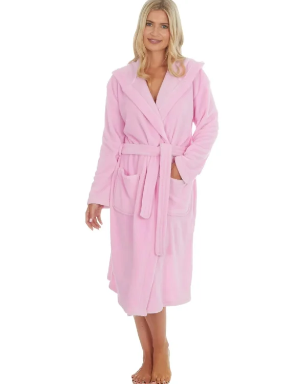 Embargo Dressing Gowns | Womens Fleece Hooded Dressing Gown - Baby Pink